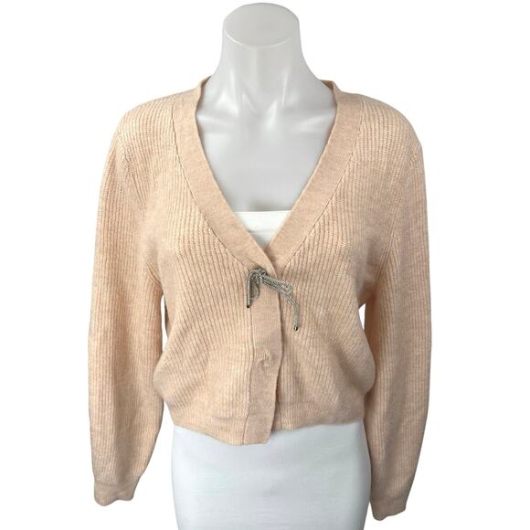 NEW H&M Cream Rhinestone-bow Rib knit Long Sleeve Crop Cardigan Sweater Top M - Picture 1 of 5